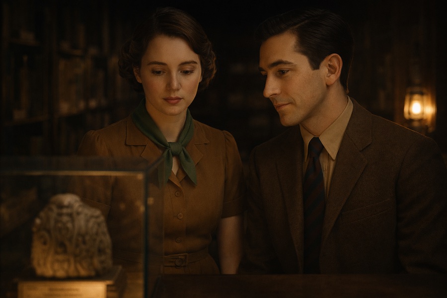 Eve and Will studying an artifact in a lamplit archive