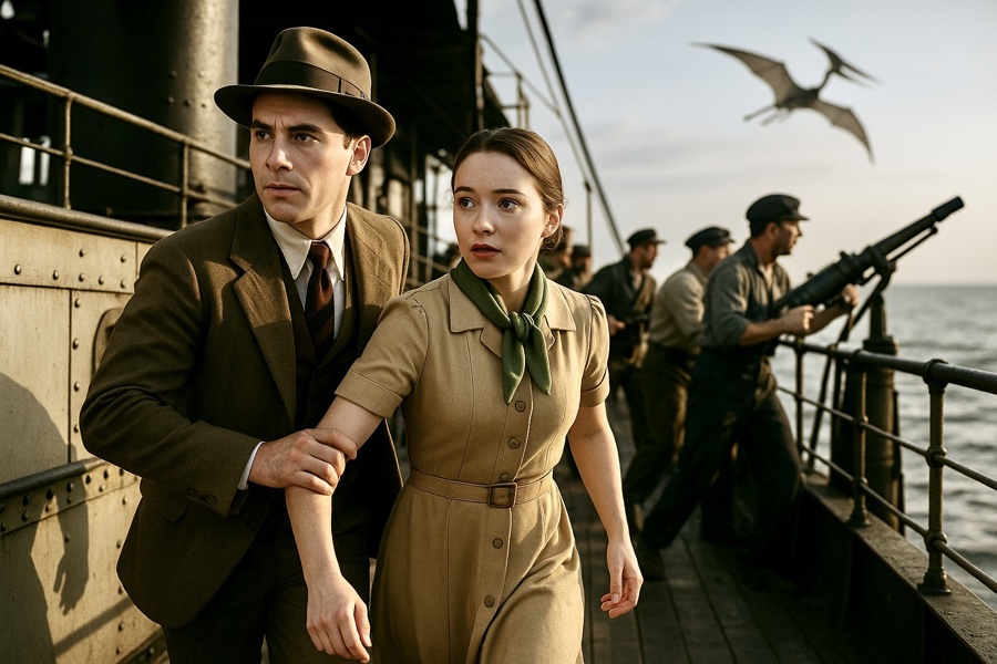Will and Eve aboard a ship as a winged threat approaches over the Atlantic