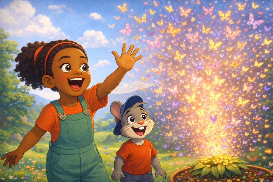 Ruby and Pip watching glowing butterflies bloom from imagination