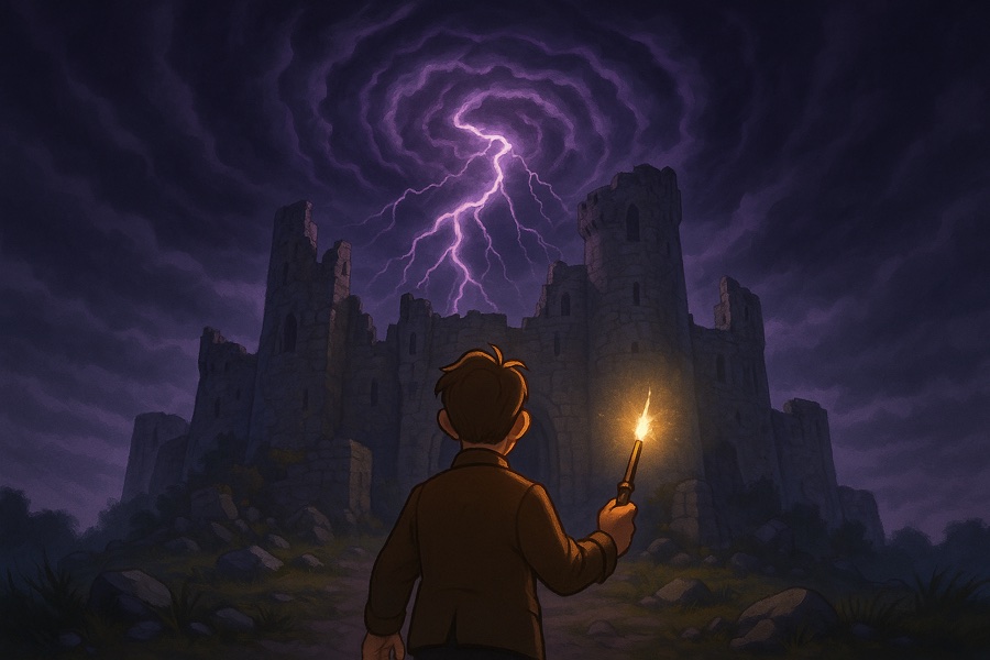 Will facing ruined Imaginarium towers beneath a purple storm