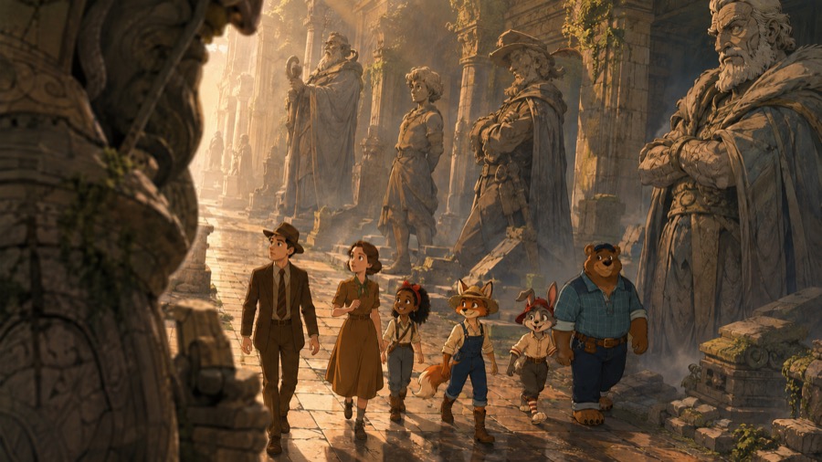 Will and the ink-born companions walking through the sunlit statue halls of the Imaginarium